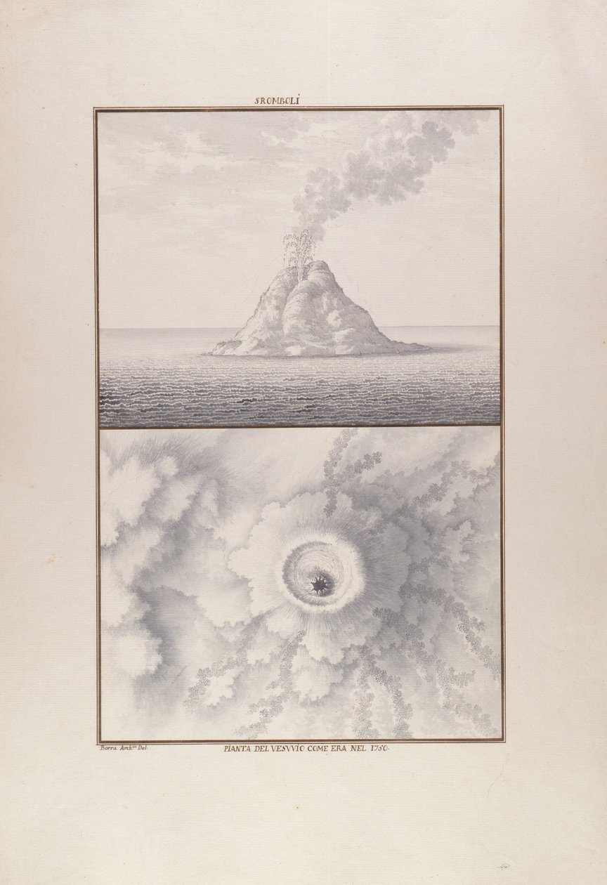 Stromboli, 1750 (pióro i atrament z wc na papierze) autorstwa Giovanni Battista Borra