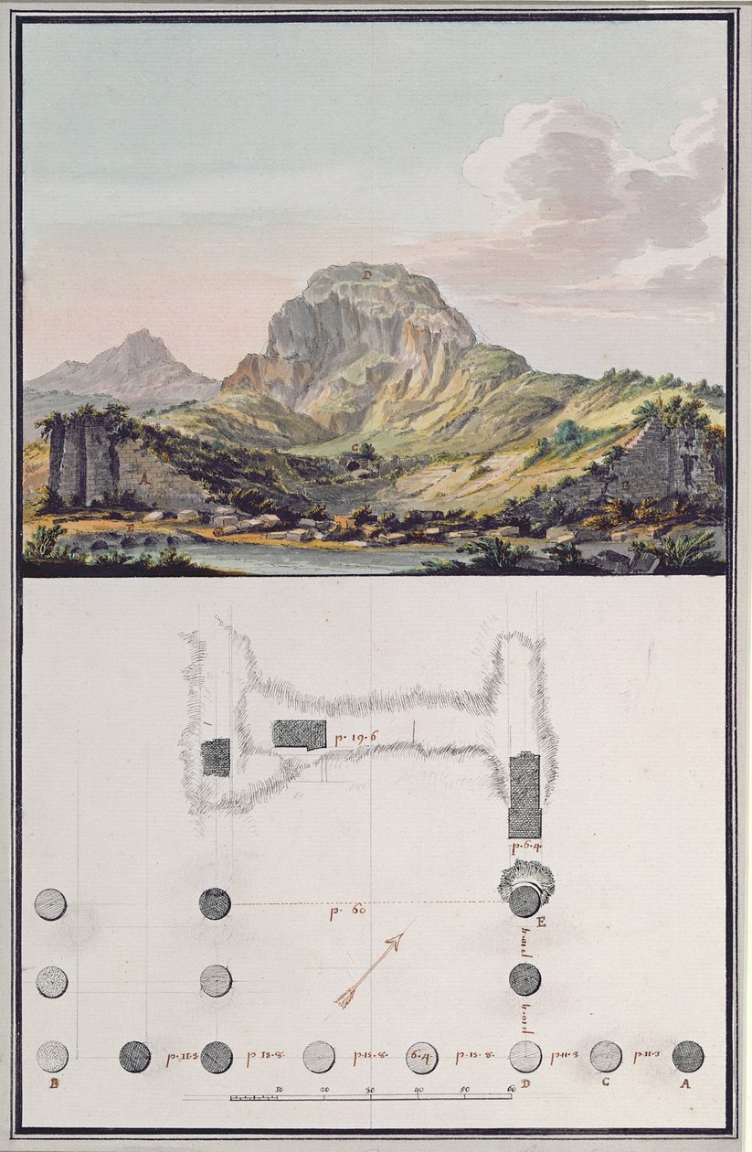 Widok teatru w Sardes i plan świątyni jońskiej w Sardes, ok. 1750 (pióro i atrament, akwarela, pranie, gwasz i ołówek na papierze) autorstwa Giovanni Battista Borra