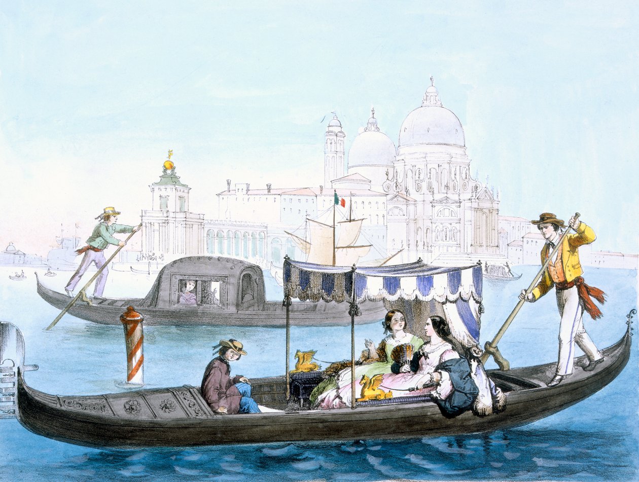 Gondola wenecka, z „Widoków głównych zabytków Wenecji”, ok. 1850 autorstwa Giovanni Battista Cecchini