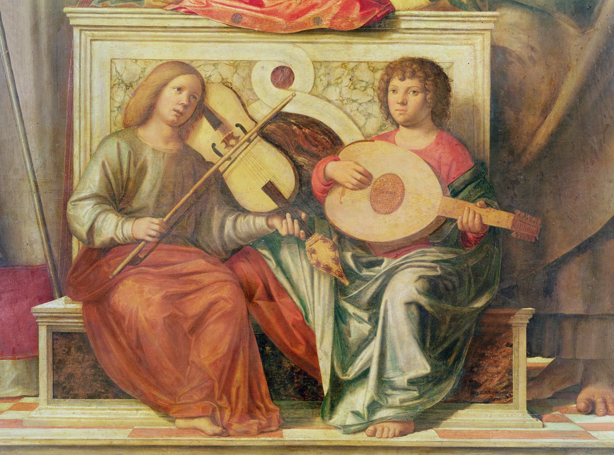 Fragment muzyków anielskich z obrazu Matki Boskiej i świętych, 1496-99 autorstwa Giovanni Battista Cima da Conegliano