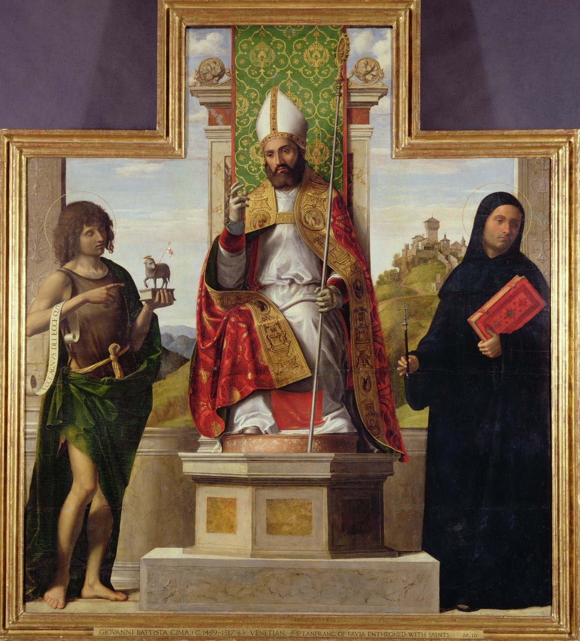 Św. Lanfrank z Pawii na tronie między św. Janem Chrzcicielem a św. Liberiuszem, ok. 1515-16 autorstwa Giovanni Battista Cima da Conegliano