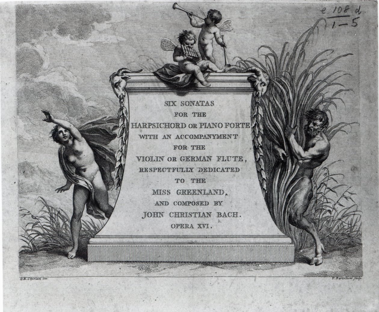 Frontyspis na sześć sonat Johna Christiana Bacha, poświęcony pannie Grenlandii, sztychowany przez Francesco Bartolozziego autorstwa Giovanni Battista Cipriani