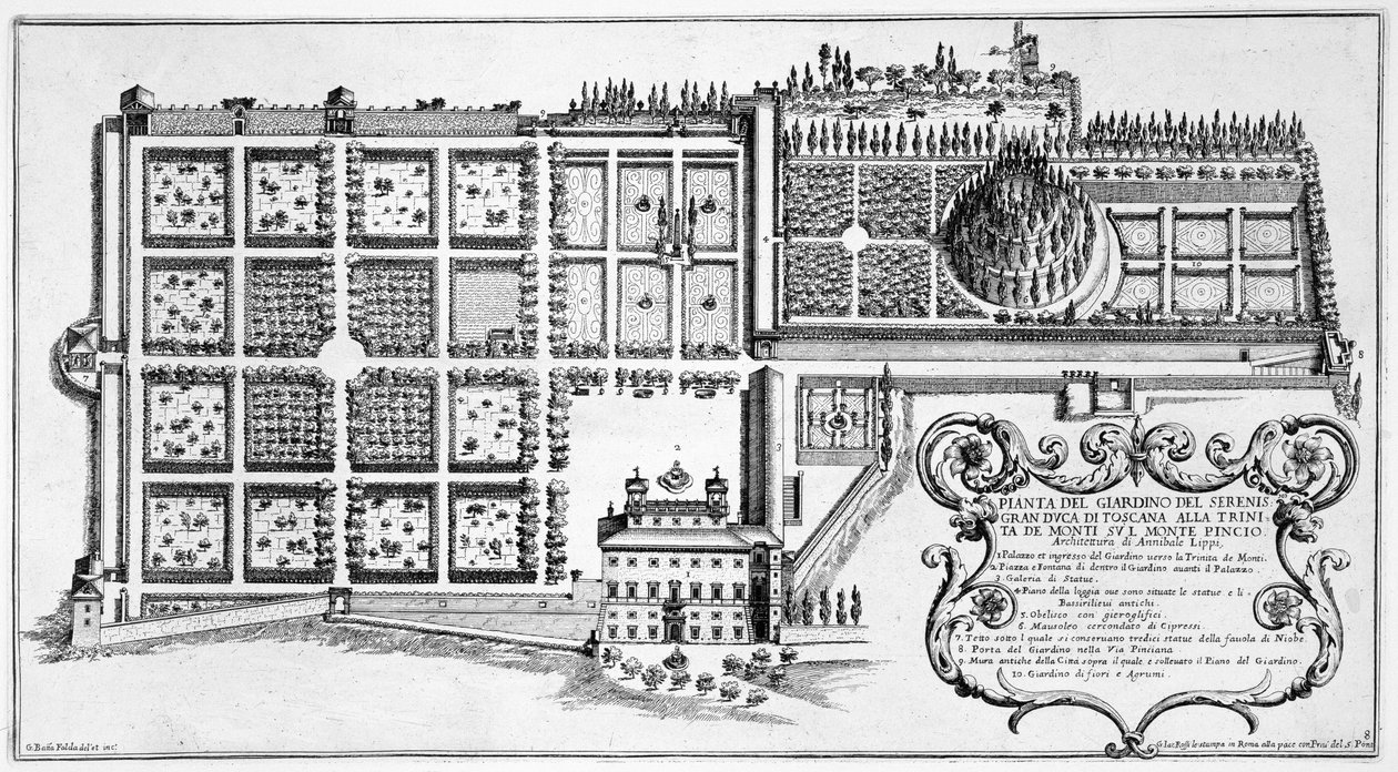Ogród Wielkiego Księcia Toskanii na Trinita de Monte na Pincio, Rzym, z „Il Nuovo Teatro della Fabriche et Edifici in Perspective of Modern Rome”, opublikowany ok. 1665-69 (zob. autorstwa Giovanni Battista Falda