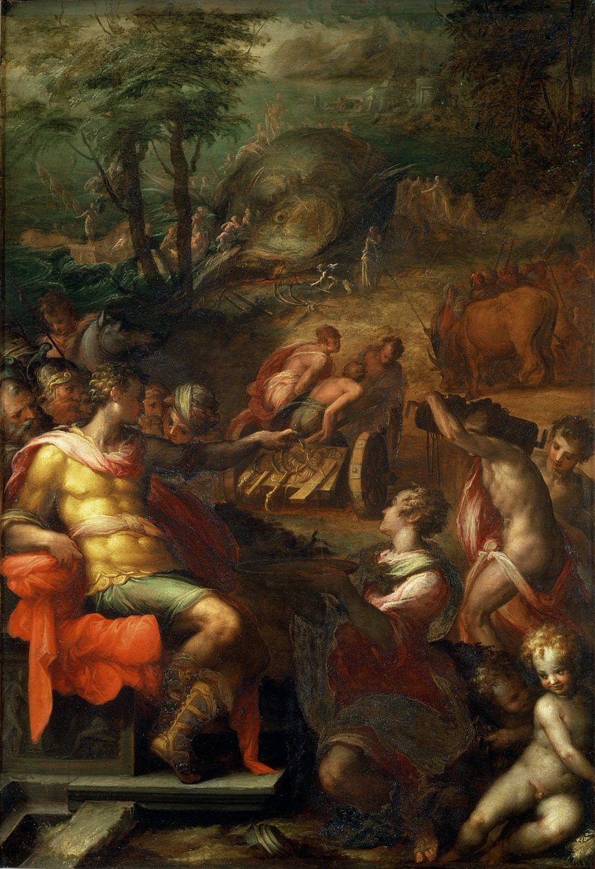 Zbieranie ambry, 1572 (olej na łupku) autorstwa Giovanni Battista Naldini