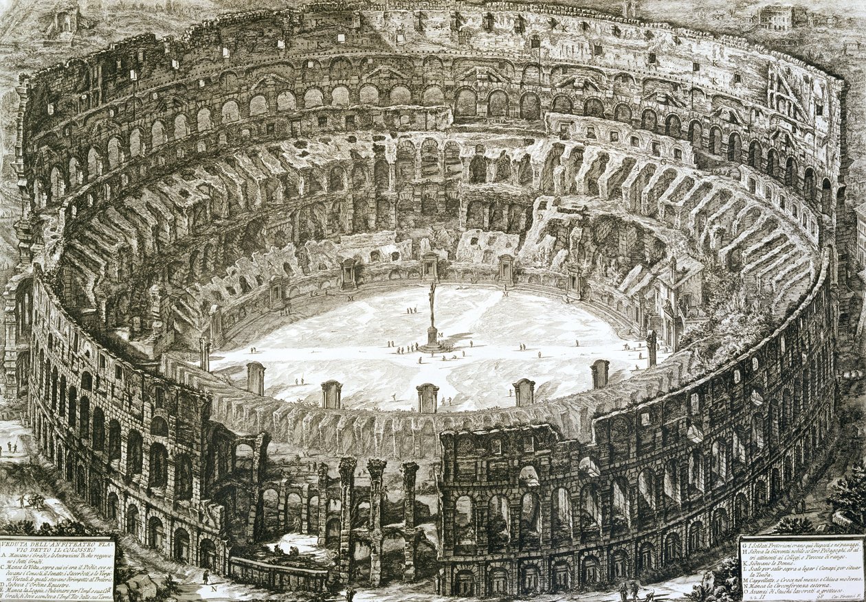Widok z lotu ptaka na Koloseum w Rzymie z "Widoków Rzymu", wydanych po raz pierwszy w 1756 r., drukowanych w Paryżu w 1800 r. autorstwa Giovanni Battista Piranesi