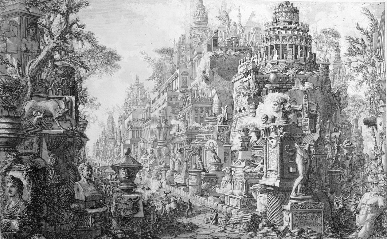 Alegoryczny frontyspis Rzymu i jego historii, z "Le Antichita Romane de G.B. Piranesi (1756)", wydany w Paryżu, 1835 r. autorstwa Giovanni Battista Piranesi