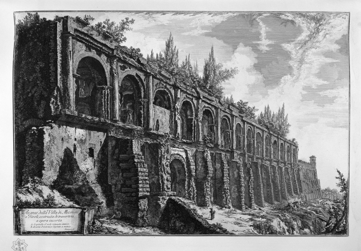 Pozostałości Villa di Mecenate w Tivoli, zbudowanej z trawertynu o niepewnej pracy autorstwa Giovanni Battista Piranesi