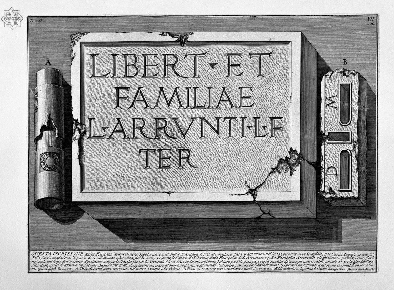 Inskrypcja w grobowcu rodziny L. Arrunzio autorstwa Giovanni Battista Piranesi