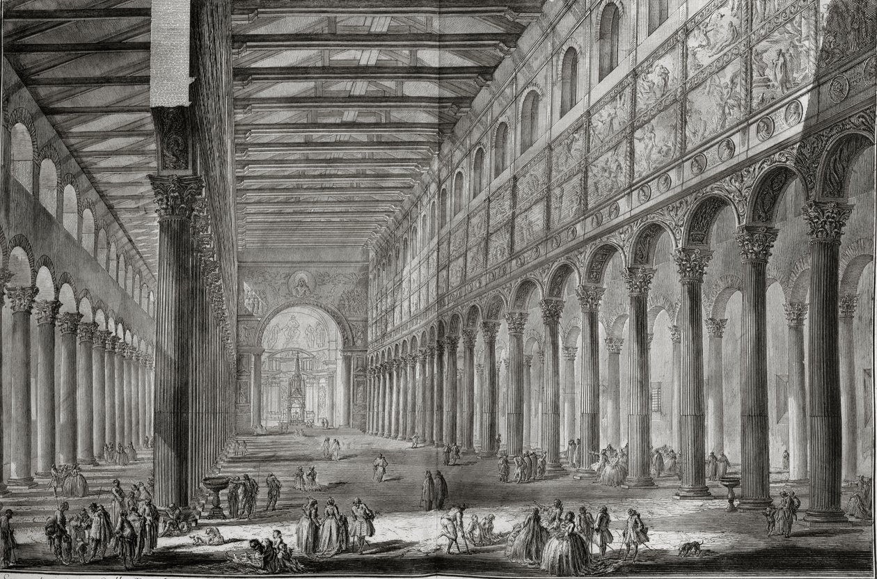 Wnętrze bazyliki San Paolo Fuori le Mura, Rzym, z „Le Antichita Romane de G.B. Piranesi (1756)”, wydana w Paryżu, 1835 autorstwa Giovanni Battista Piranesi