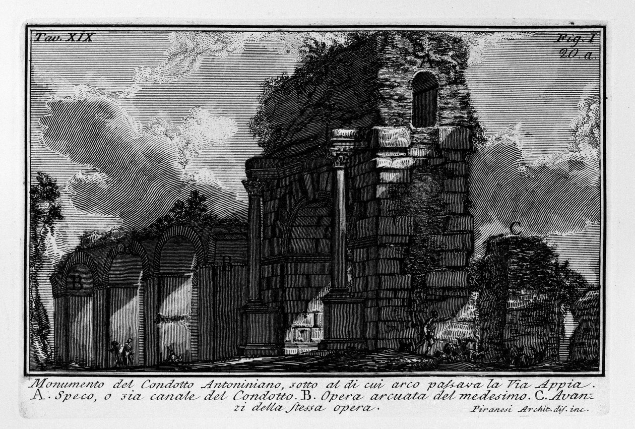 Pomnik Postępowania Antonińskiego, pod którego łukiem przeszła Via Appia autorstwa Giovanni Battista Piranesi