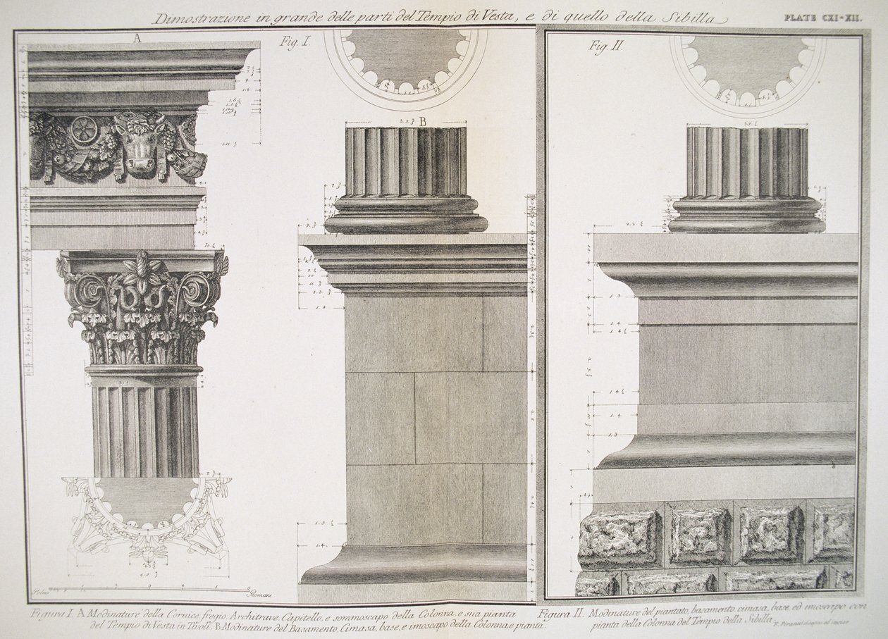 Tablica CXI-XII Ilustracja konstrukcji kolumnowej Świątyni Westy i Świątyni Sibilla z „Weduty”, wydana po raz pierwszy w 1756 r., wyd. przez E i F.N. Sp. z oo, 1900 autorstwa Giovanni Battista Piranesi