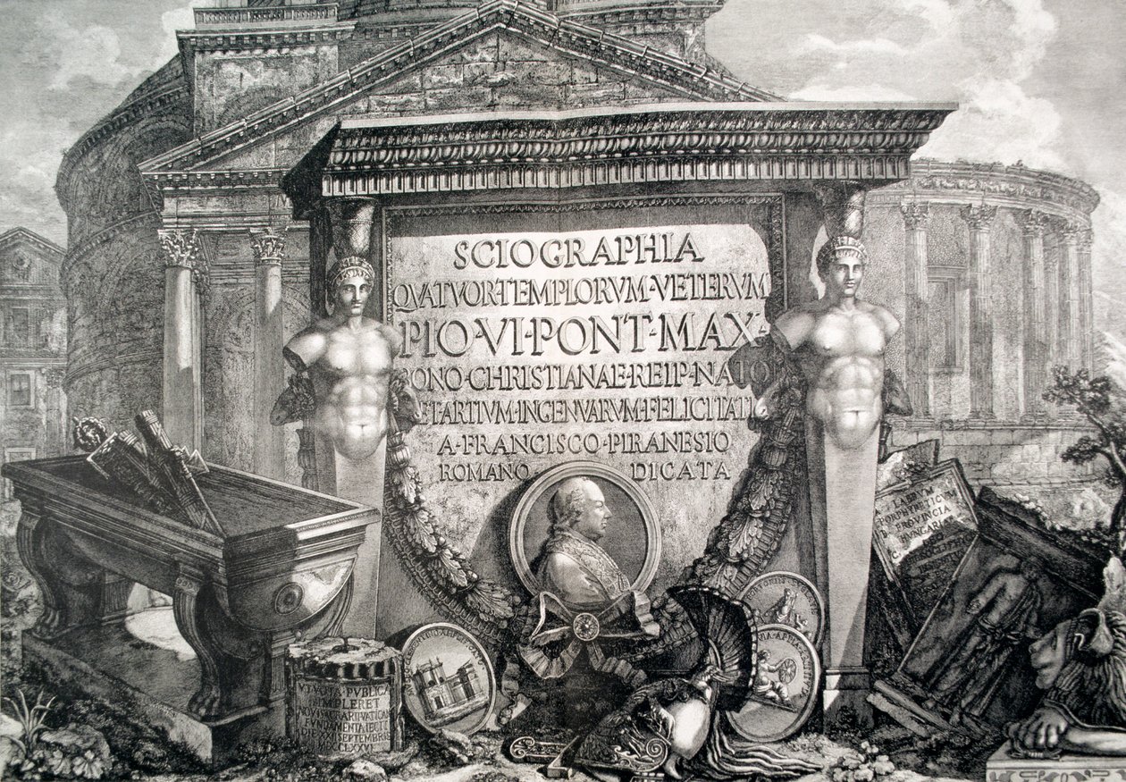 Tablica LXXIII-IV Kaprys architektonicznych ruin i starożytności, ilustracja do rozdziału zatytułowanego „Panteon i świątynie” Weduty, wydana po raz pierwszy w 1756 r., wyd. przez E i F.N. Spon Ltd., 1900 (engra autorstwa Giovanni Battista Piranesi
