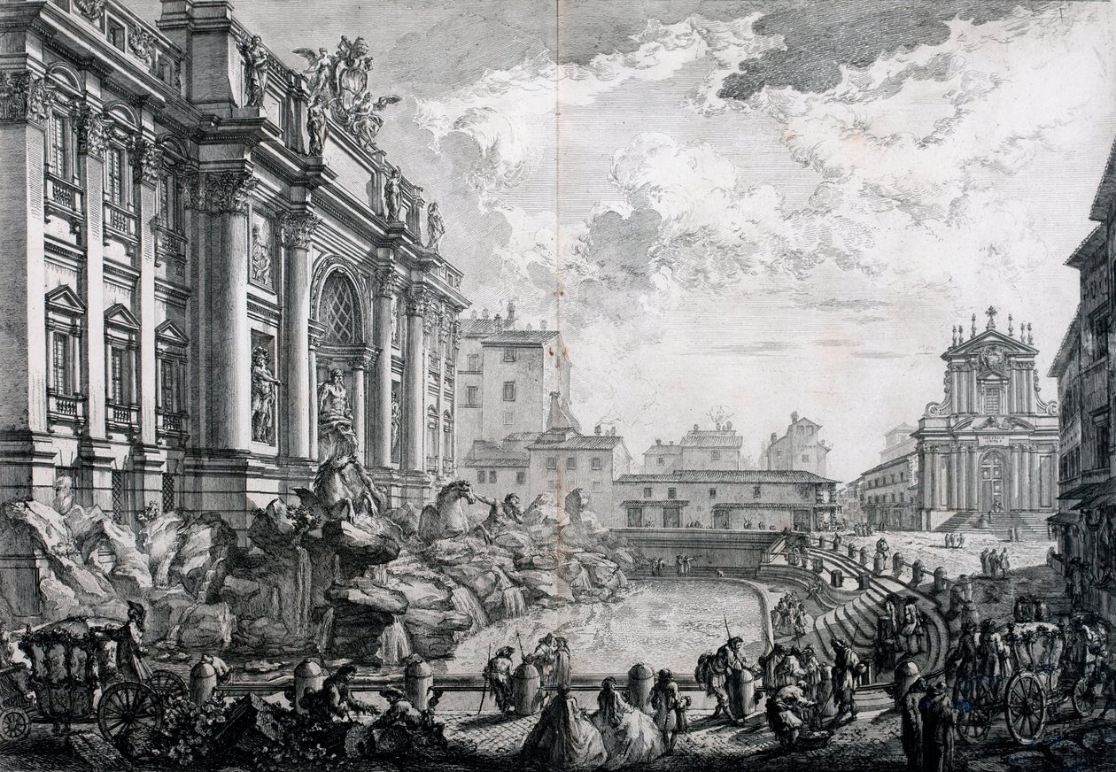 Widok z boku na Fontannę di Trevi, dawniej Acqua Vergine z Vedute di Roma (Widoki na Rzym) autorstwa Giovanni Battista Piranesi