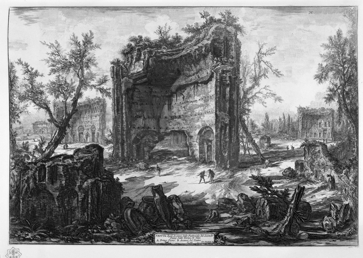 WIDOK na resztki fabryk na drugim piętrze Terme di Tito. Na pierwszym piętrze. Resztki teatru B autorstwa Giovanni Battista Piranesi