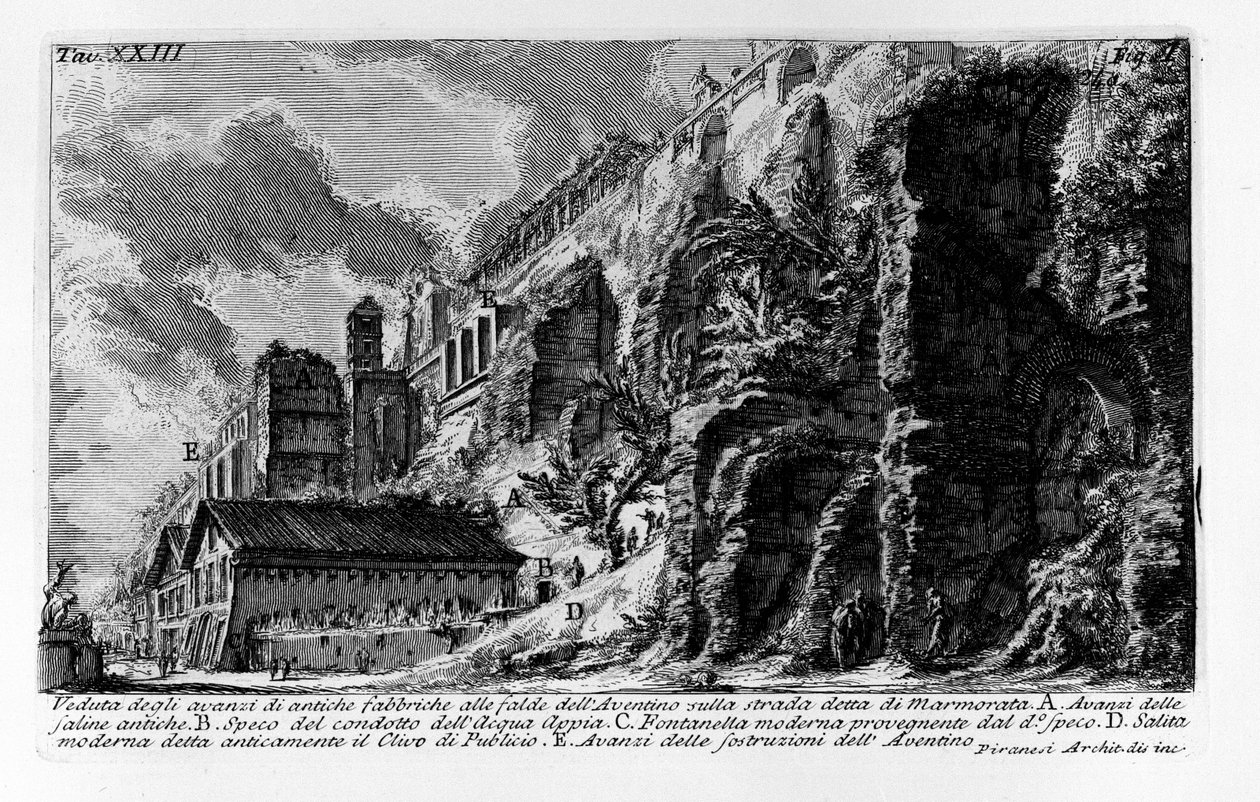 Widok pozostałości starożytnych fabryk na zboczach Awentynu na drodze znanej jako Marmorata autorstwa Giovanni Battista Piranesi