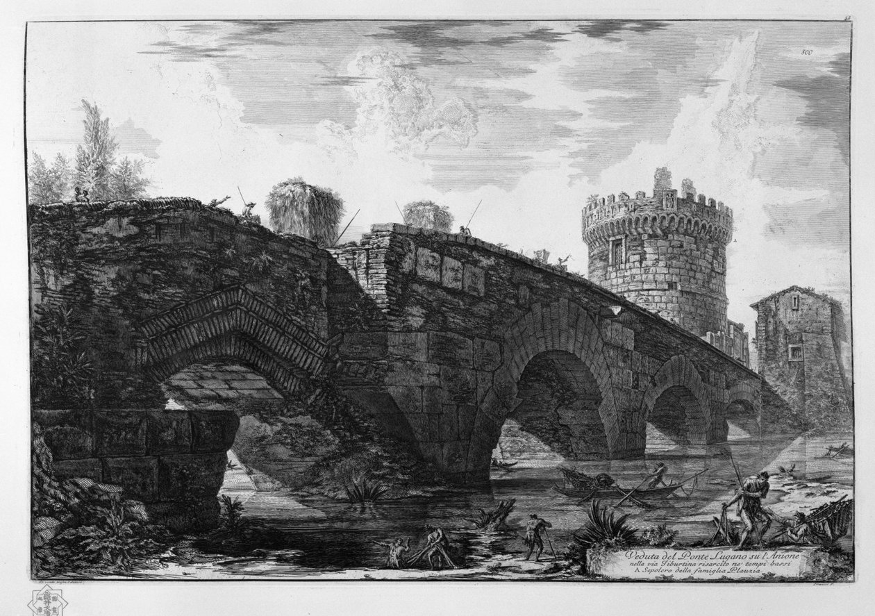 Widok mostu Lugano nad Anione w via Tiburtina zrekompensowany w niskich świątyniach? autorstwa Giovanni Battista Piranesi