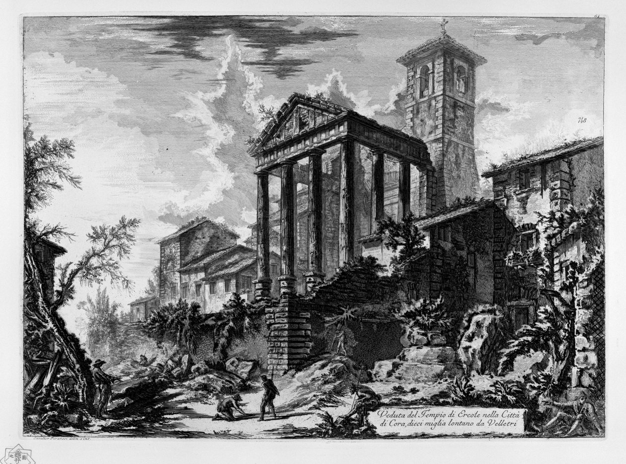 Widok na świątynię Herkulesa w mieście Cora, dziesięć mil od Velletri autorstwa Giovanni Battista Piranesi