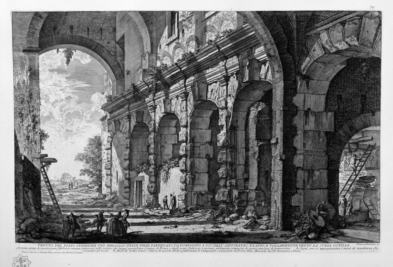 Widok na górne piętro seraglio delle fiere zbudowanego przez Domicjana na użytek amfiteatru Flawiuszów, powszechnie znanego jako Curia Ostilia autorstwa Giovanni Battista Piranesi