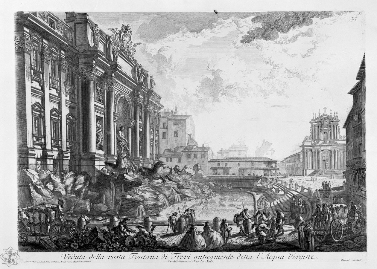 Widok na ogromną Fontannę di Trevi, dawniej znaną jako Acqua Vergine. Architektura autorstwa Nicola Salvi autorstwa Giovanni Battista Piranesi