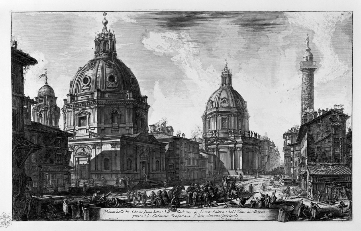 Widok na dwa kościoły. Kościół Santa Maria di Loreto Kościół Santissimo Nome di Maria Colonna Traiana. Wejście na Kwirynale autorstwa Giovanni Battista Piranesi