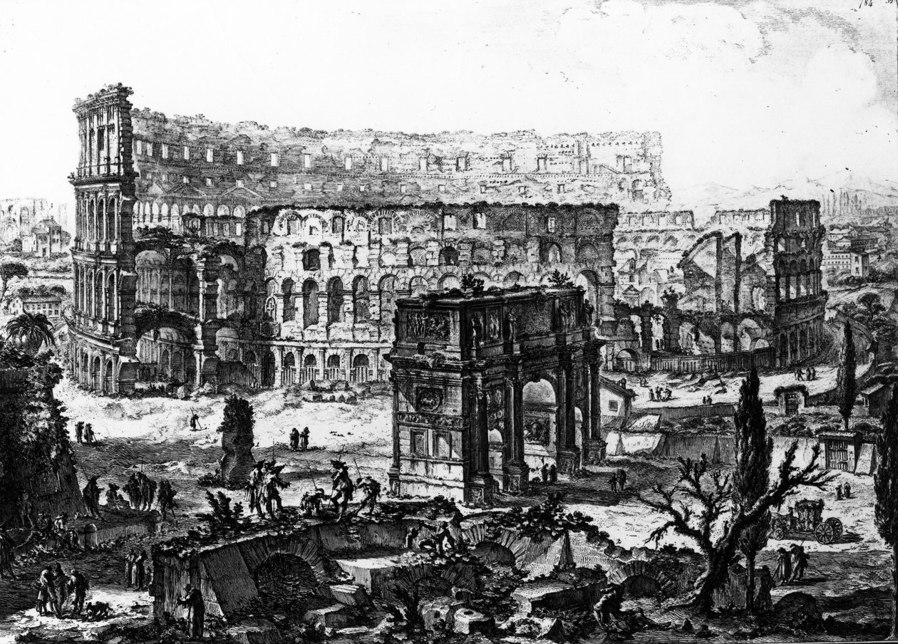 Vaizdas į Konstantino arką ir Koliziejų, iš serijos „Romos vaizdai“, apie 1760 m. autorstwa Giovanni Battista Piranesi