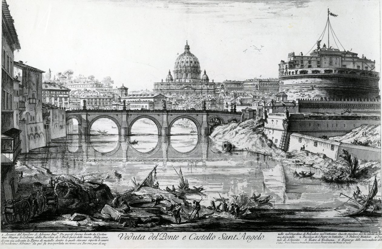 Widok mostu i Zamku Świętego Anioła, z cyklu „Widoki Rzymu”, ok. 1760 autorstwa Giovanni Battista Piranesi