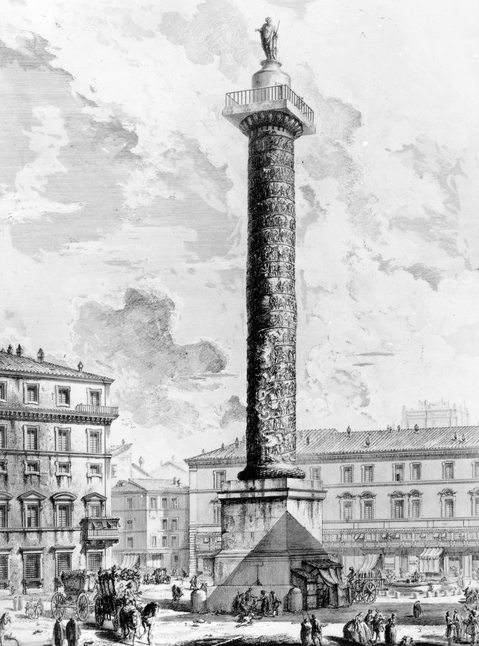 Widok kolumny Marka Aureliusza na Piazza Colonna, z serii „Widoki Rzymu”, ok. 1760 autorstwa Giovanni Battista Piranesi