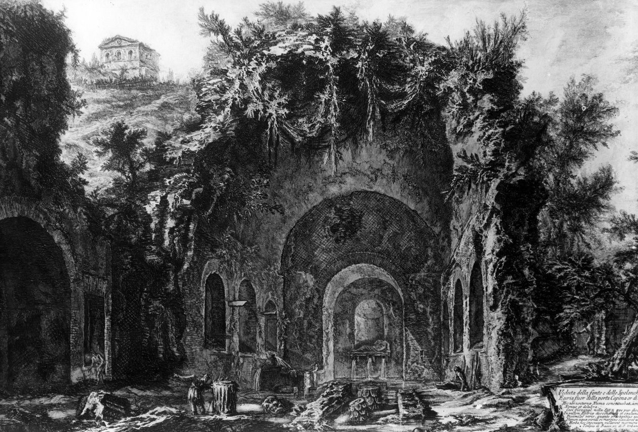 Widok groty Egerii poza Porta Capena, z serii „Widoki Rzymu”, ok. 1760 autorstwa Giovanni Battista Piranesi
