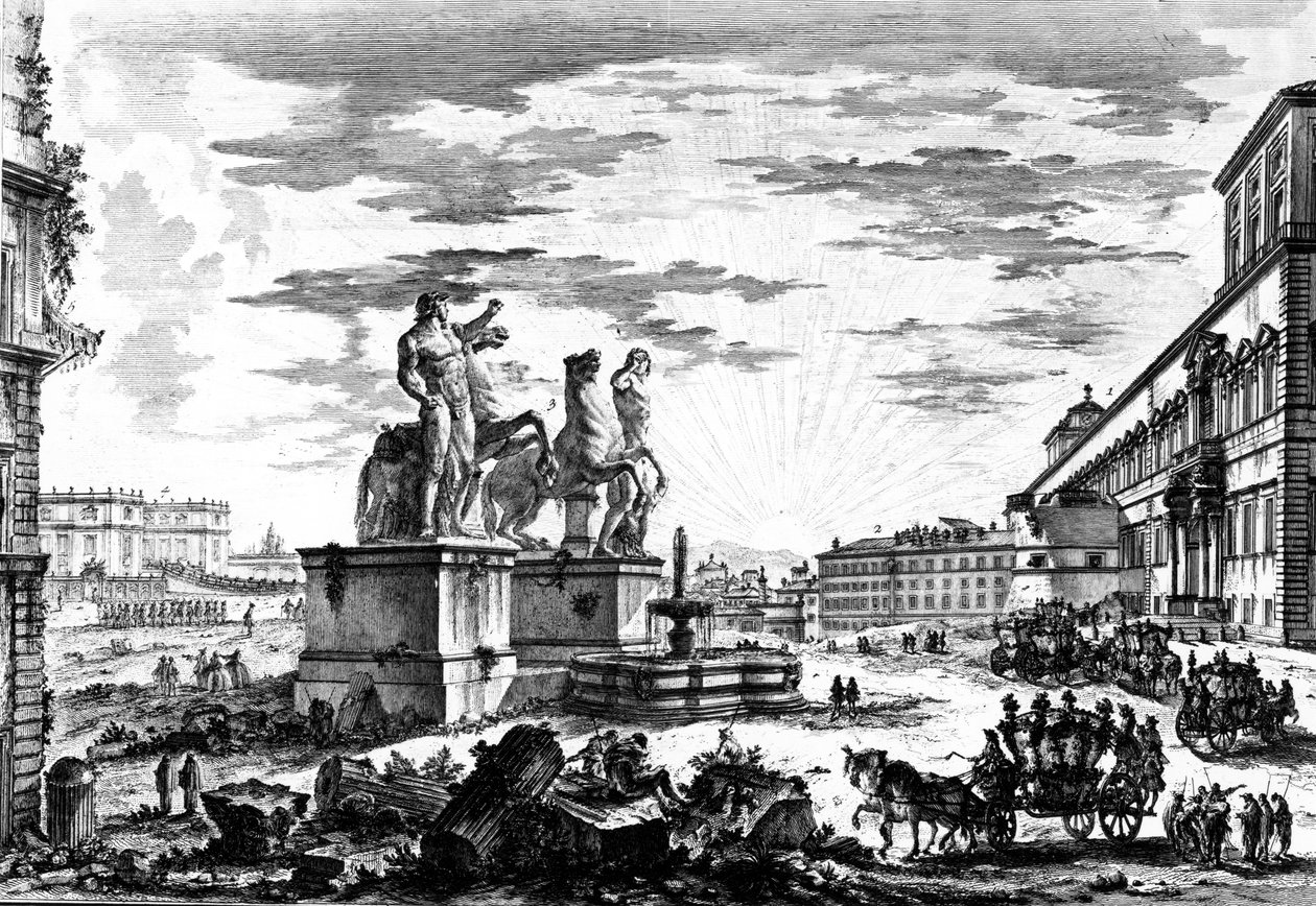 Widok na Piazza di Monte Cavallo lub Piazza del Quirinale, z serii „Widoki Rzymu”, ok. 1760 autorstwa Giovanni Battista Piranesi