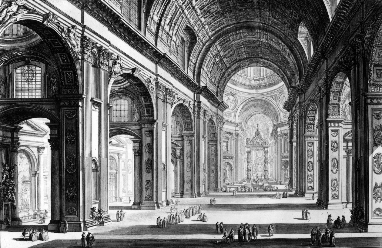 Widok wnętrza Bazyliki św. Piotra, z cyklu „Widoki Rzymu”, ok. 1760 autorstwa Giovanni Battista Piranesi