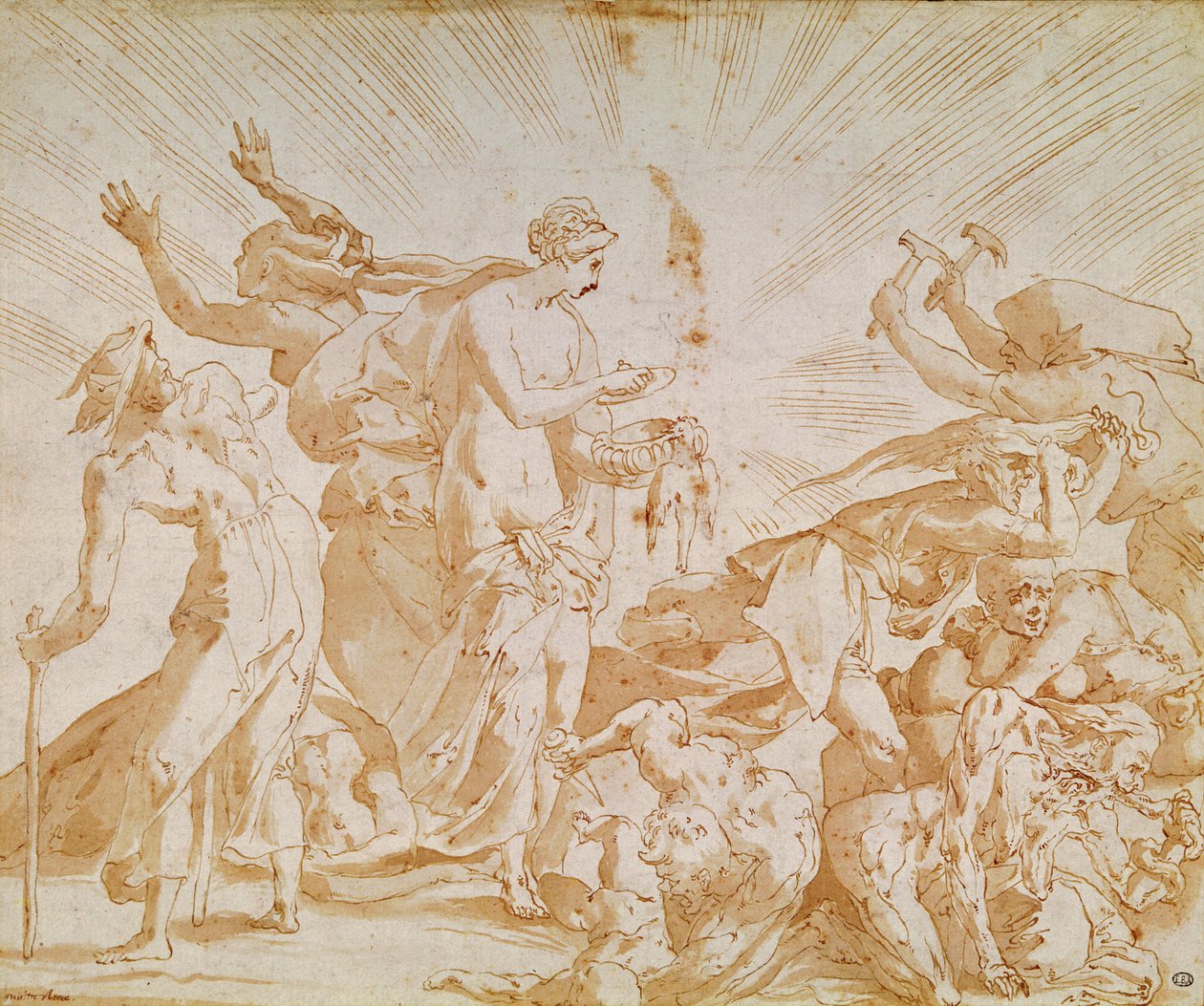 Pandora otwierająca pudełko (pióro, tusz i pranie na papierze) autorstwa Giovanni Battista Rosso Fiorentino