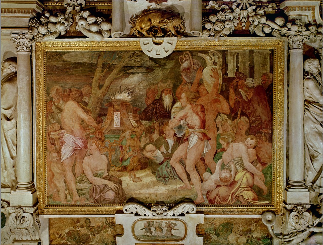 Bliźniaki Katanaean, Anapias i Amphinamus przy Ołtarzu Ofiarnym, szczegół schematu dekoracyjnego w Galerii Franciszka I (1494-1547) 1535-40 (fresk i sztukaterie) autorstwa Giovanni Battista Rosso Fiorentino
