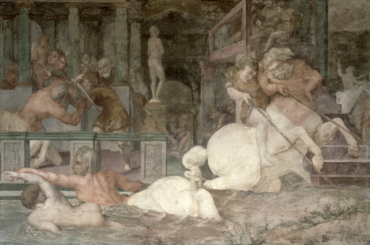 Edukacja Achillesa, szczegół schematu dekoracyjnego w Galerii Franciszka I, 1530-40 (zob. także 105682) autorstwa Giovanni Battista Rosso Fiorentino
