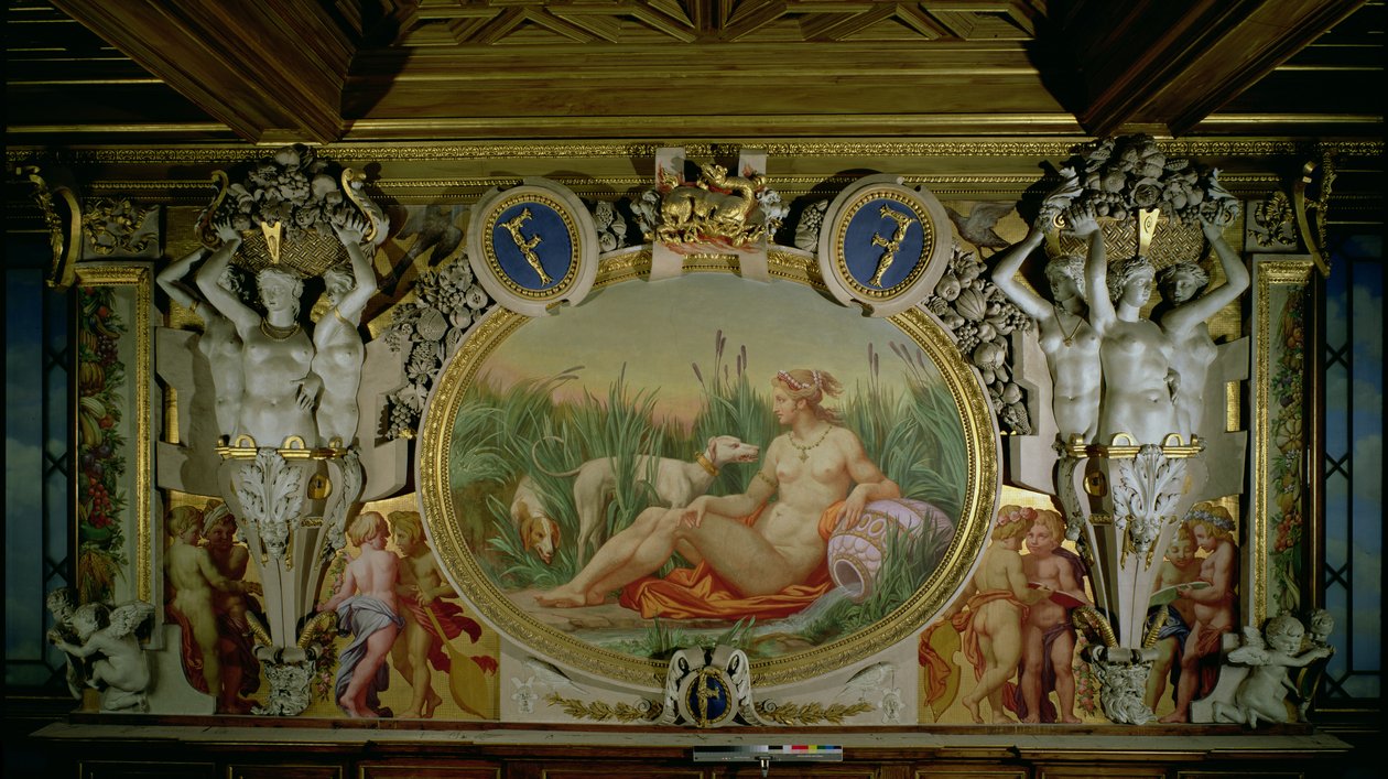 Nimfa z Fontainebleau, detal dekoracji w Galerii Franciszka I, 1530-40 fresk i stiuk autorstwa Giovanni Battista Rosso Fiorentino