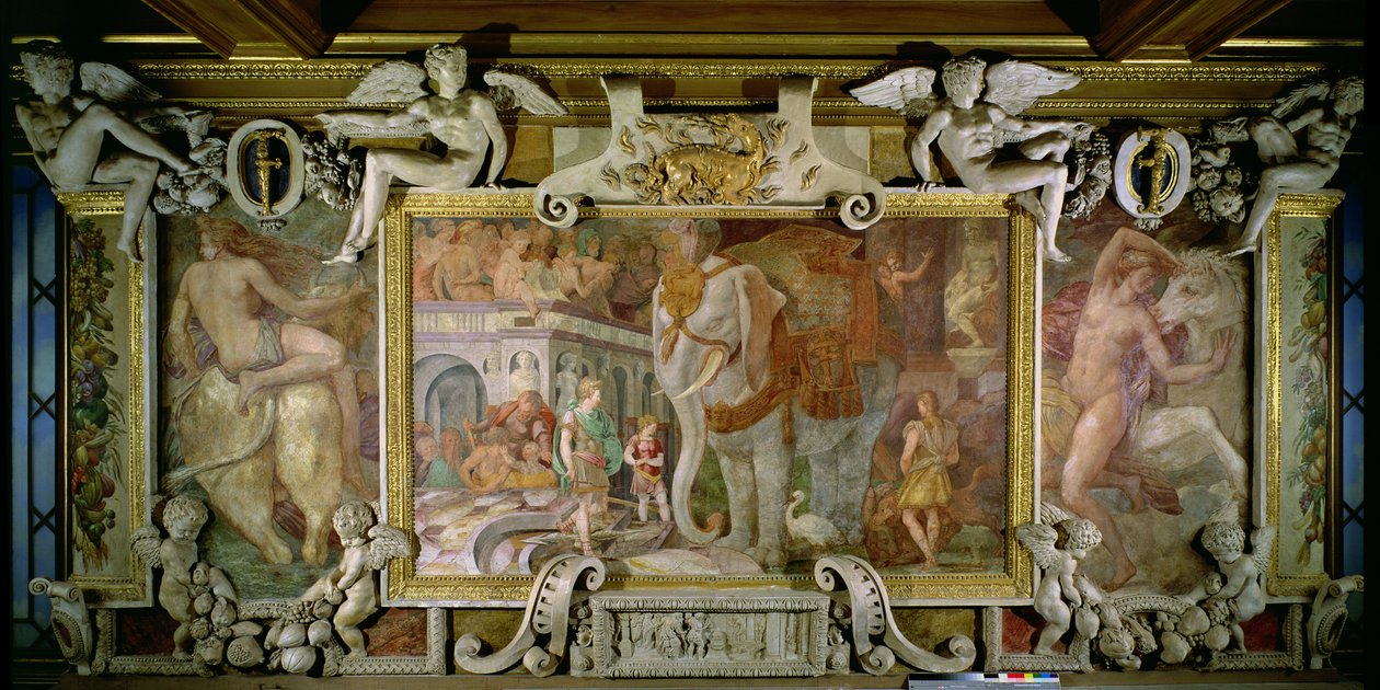 Słoń Triumfalny, alegoryczny hołd dla Franciszka I, detal dekoracji w Galerii Franciszka I, 1530-40 fresk i stiuk autorstwa Giovanni Battista Rosso Fiorentino