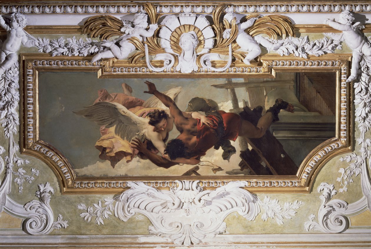 Anioł ratujący upadającego rzemieślnika przed zawalającym się rusztowaniem, z „Sala Capitolare” (Sala kapitulacji) c.1749 autorstwa Giovanni Battista Tiepolo