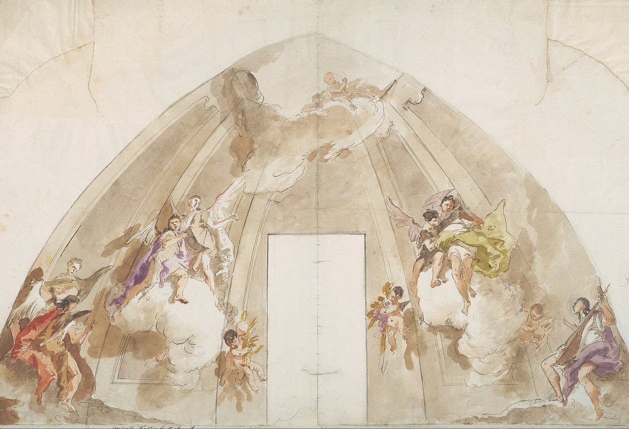 Anioły śpiewające i tworzące muzykę- rysunek przygotowawczy do sufitu katedry w Udine autorstwa Giovanni Battista Tiepolo