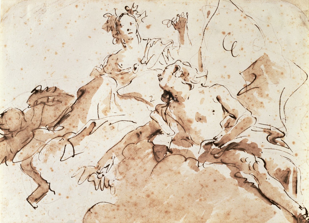 Zephyrus and Flora (pióro i brąz przemyj czarną kredą na papierze) autorstwa Giovanni Battista Tiepolo