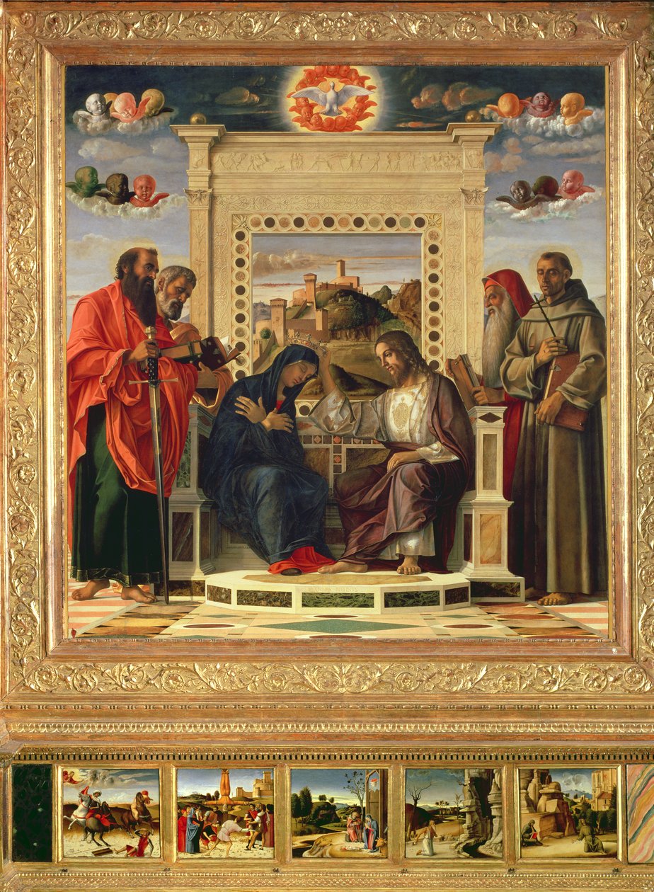 Koronacja Matki Boskiej Św. Paweł, Piotr, Hieronim i Franciszek z Asyżu ze scenami z życia świętych w panelu predella, znanym jako ołtarz „Pala di Pesaro”, ok. 1474 (olej na patelni autorstwa Giovanni Bellini