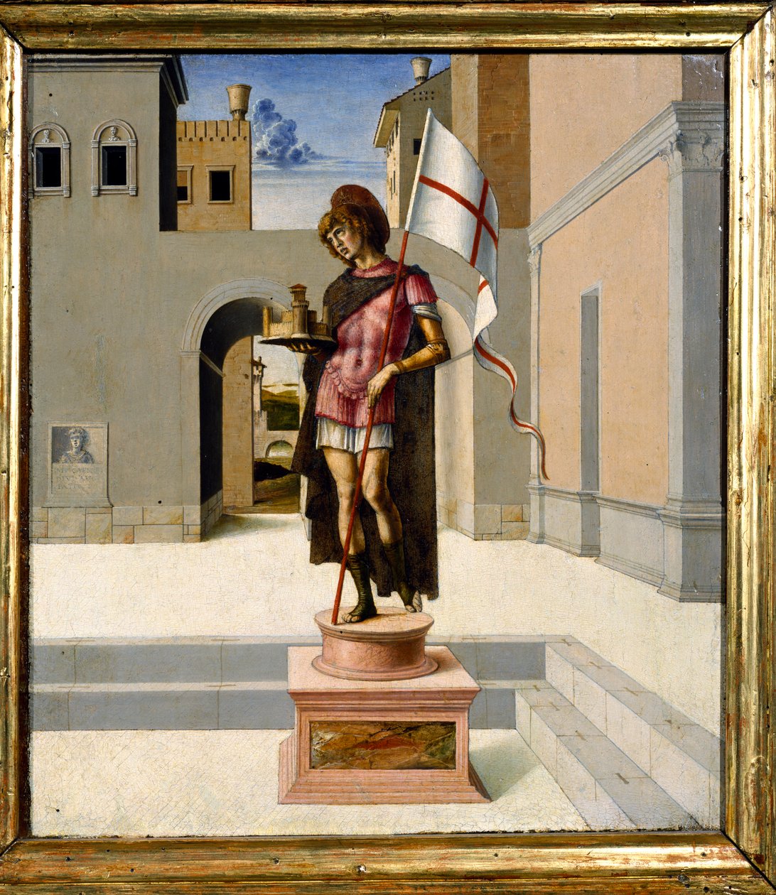 Jerzy przedstawiony jako polichromowany posąg na rynku miejskim, predella (panel) (zob. też 85578) autorstwa Giovanni Bellini