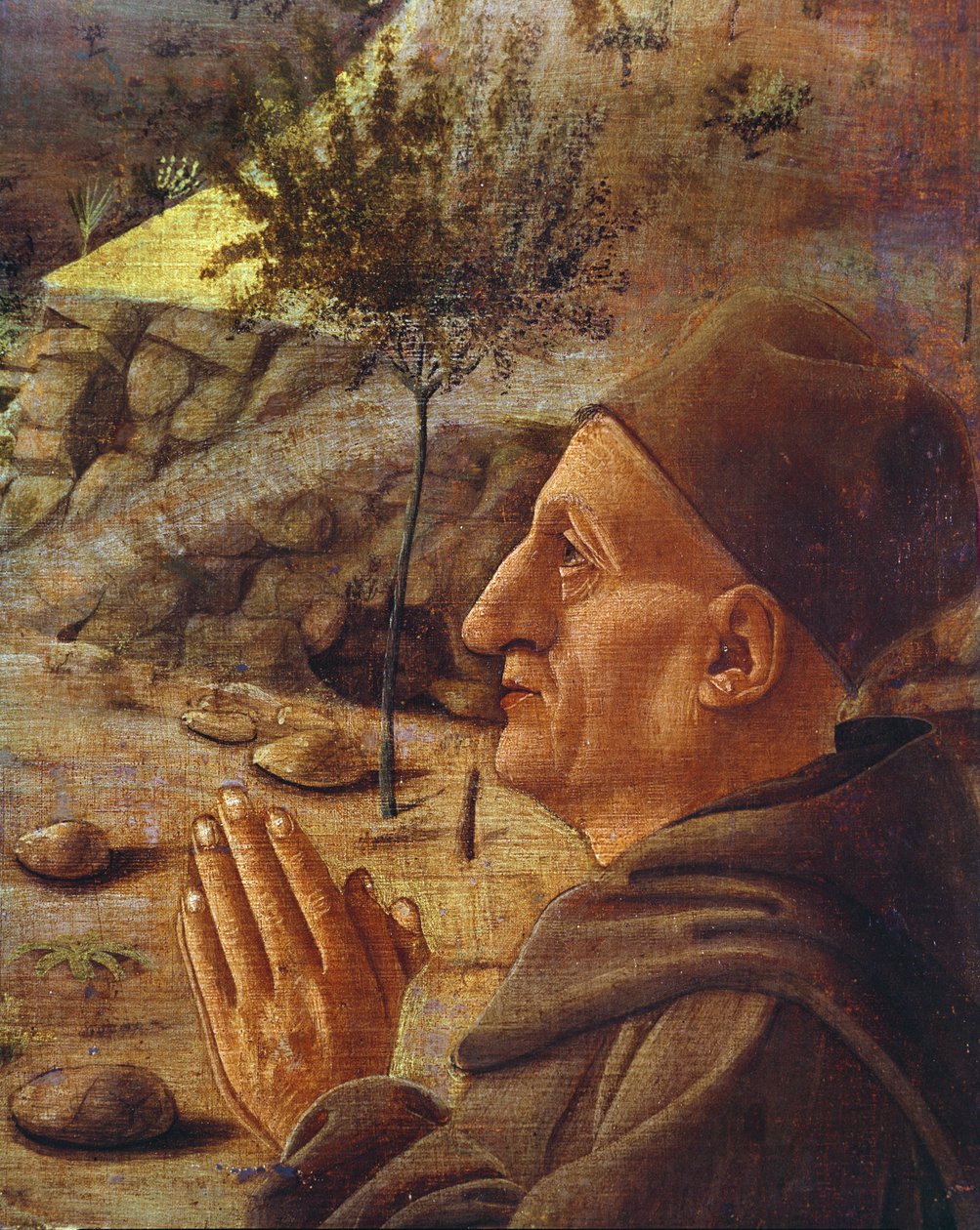 Szczegół ukrzyżowania głowy patrona olej na panelu autorstwa Giovanni Bellini