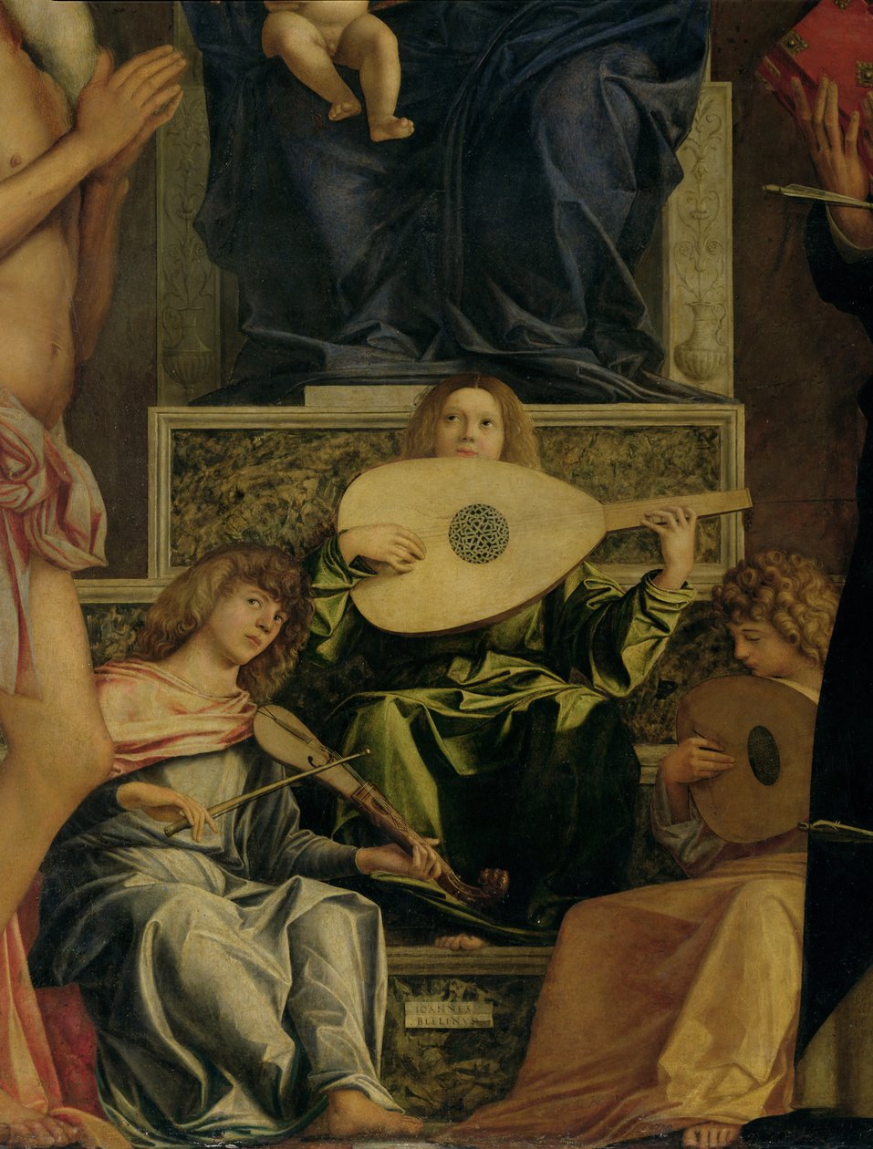 Ołtarz San Giobbe, detal przedstawiający anioły grające muzykę, ok. 1487 olej na płycie, detal z 55433 autorstwa Giovanni Bellini