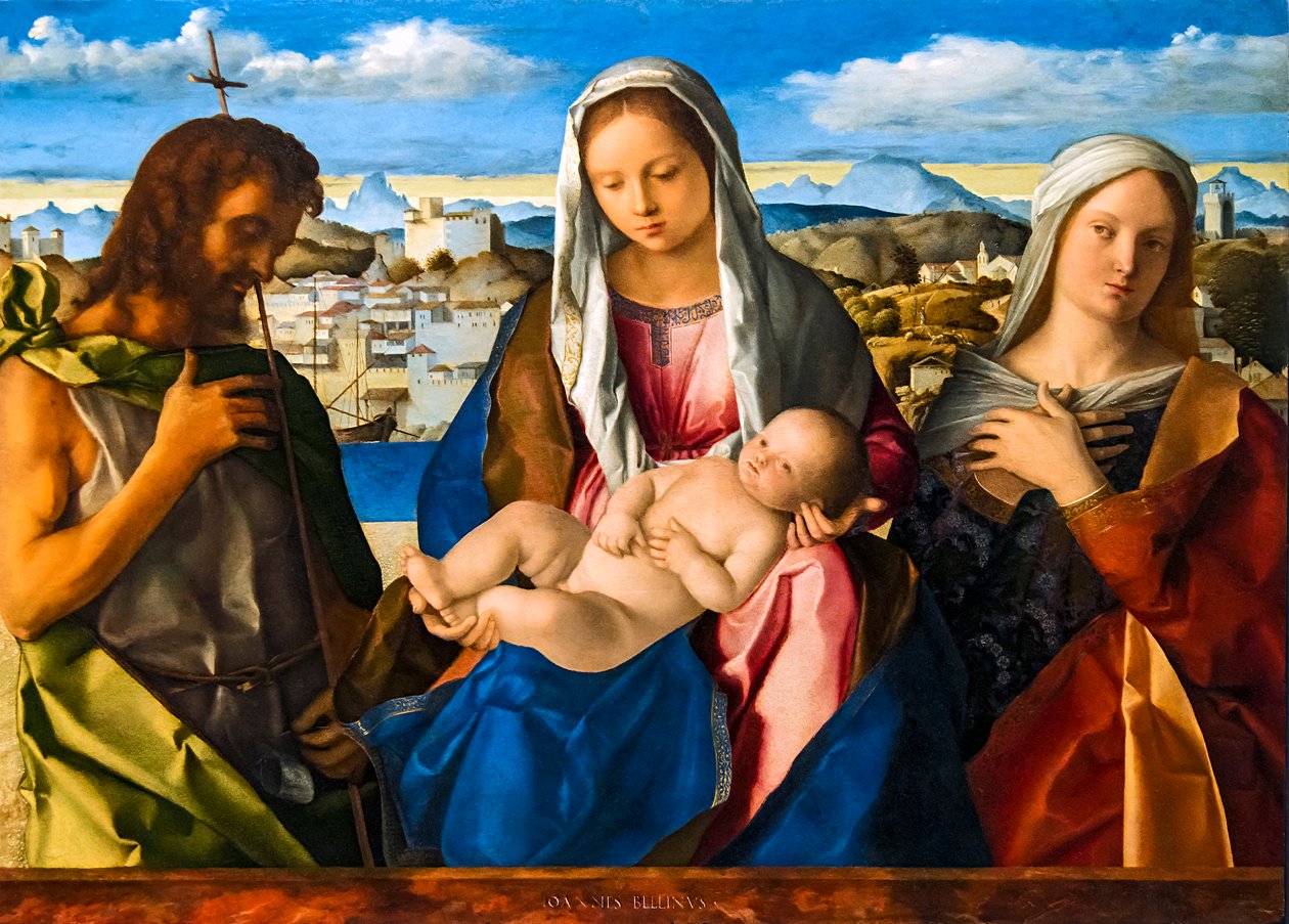 Dziewica z Dzieciątkiem między s. Jan Chrzciciel i święty (Święta Rozmowa Giovannelli) autorstwa Giovanni Bellini