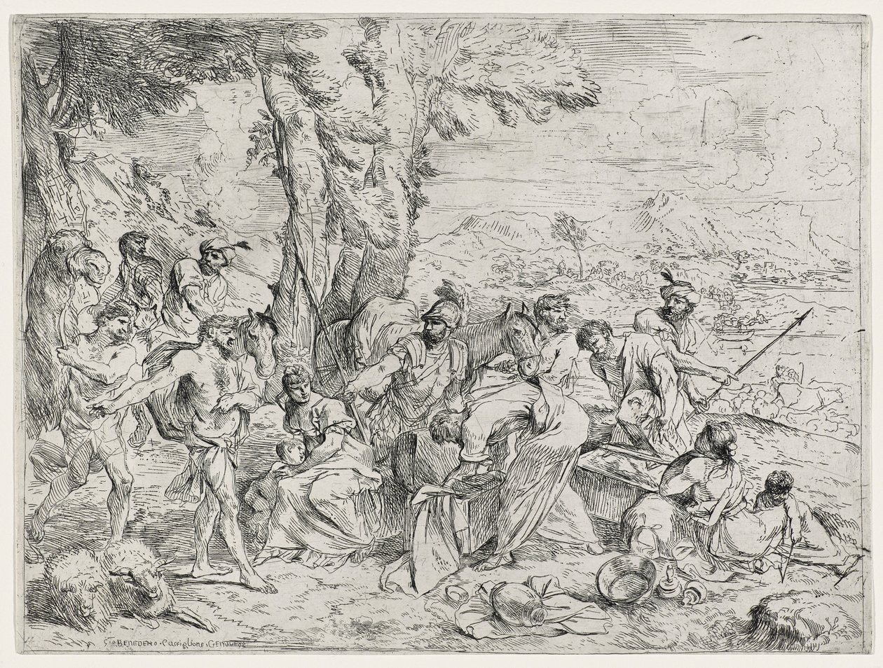 Rachel ukrywająca bożki Labanów lub Laban szukająca bożków, ok. 1630-40 autorstwa Giovanni Benedetto Castiglione