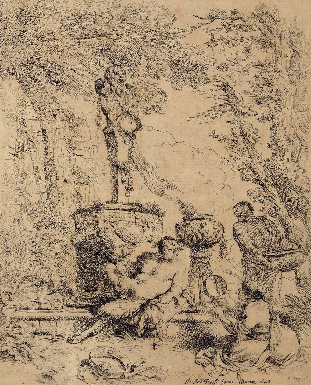 Scena pasterska, Faun i Pasterka lub Uczta przed ołtarzem Boga Terminusa autorstwa Giovanni Benedetto Castiglione
