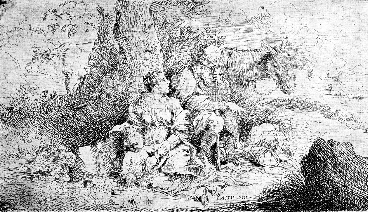 Reszta w ucieczce do Egiptu, sztychowana przez Antonio Travi autorstwa Giovanni Benedetto Castiglione