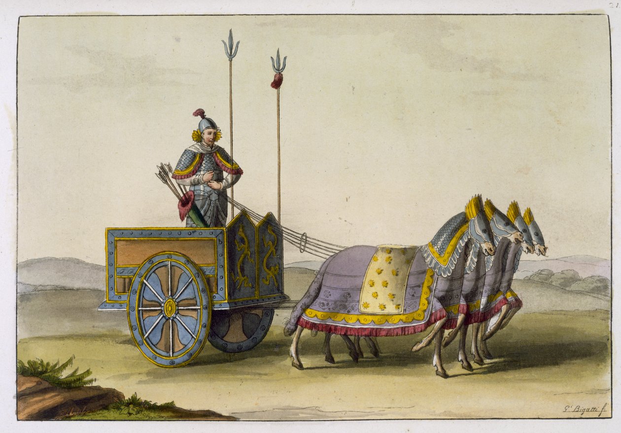 Starożytny chiński rydwan wojenny, z „Le Costume Ancien et Moderne” Julesa Ferarrio, opublikowany ok. 1820-30 autorstwa Giovanni Bigatti