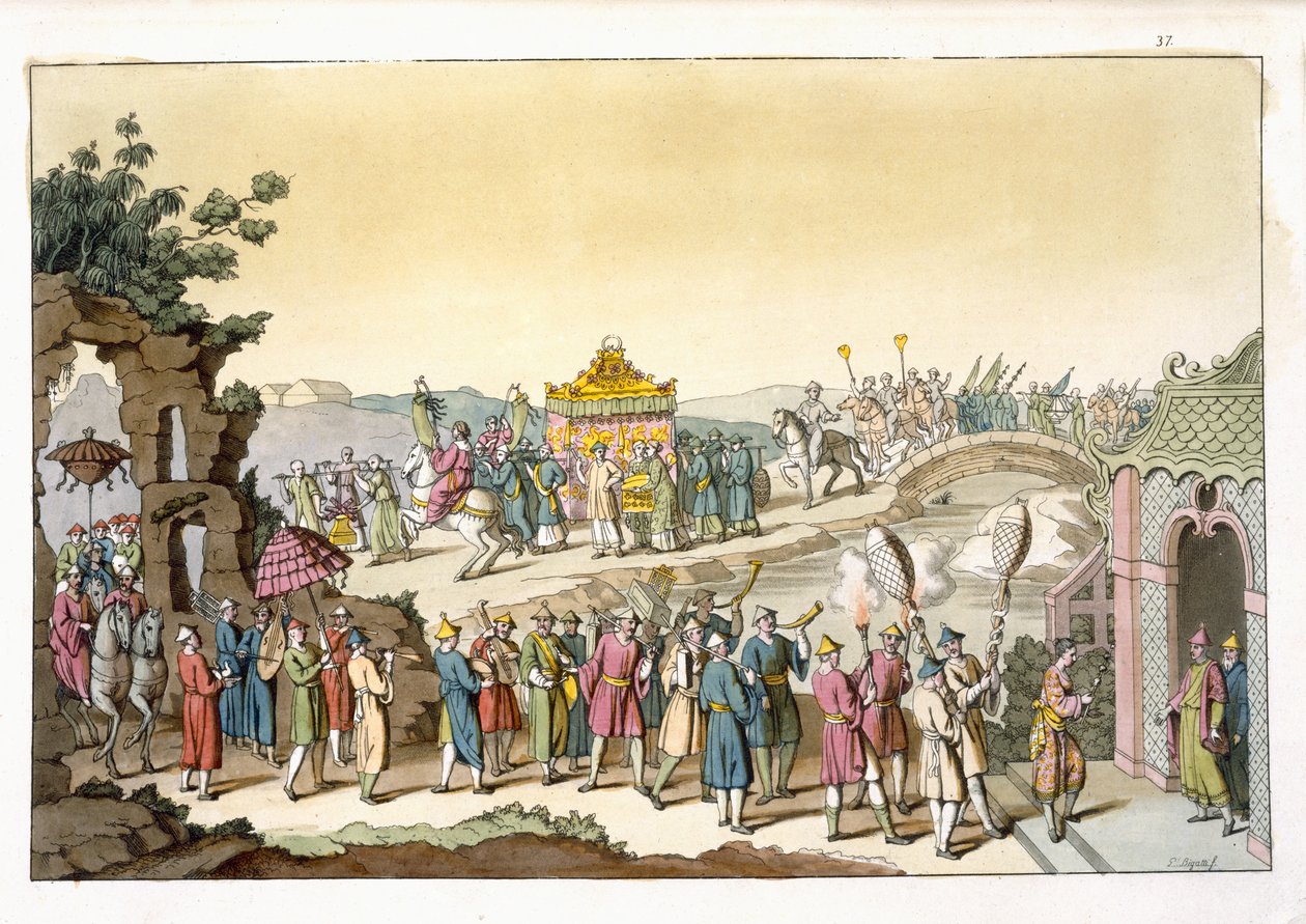 Procesja do taoistycznego tradycyjnego wesela, ilustracja z „Le Costume Ancien et Moderne” Giulio Ferrario, wydana ok. 1820-30 autorstwa Giovanni Bigatti