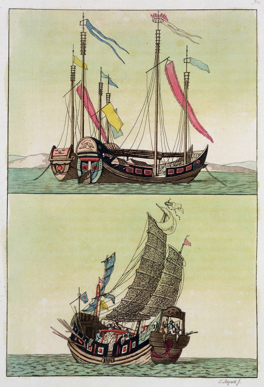 Dwa rodzaje chińskiej dżonki, ilustracja z książki "Le Costume Ancien et Moderne" autorstwa Giulio Ferrario, opublikowanej ok. lat 20-30 XIX w. autorstwa Giovanni Bigatti