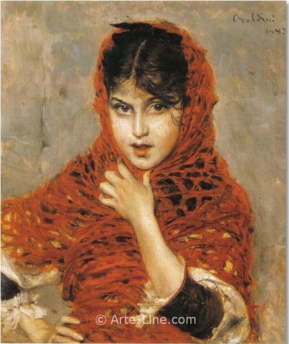  Girl with Red ShawlnDeutsch: Madchen mit rotem SchalnPolski: Dziewczynka w czerwonej chuscien autorstwa Giovanni Boldini